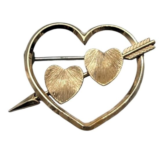 Krementz Gold Plated Brooch Triple Heart & Arrow Signed Vintage - Picture 8 of 9